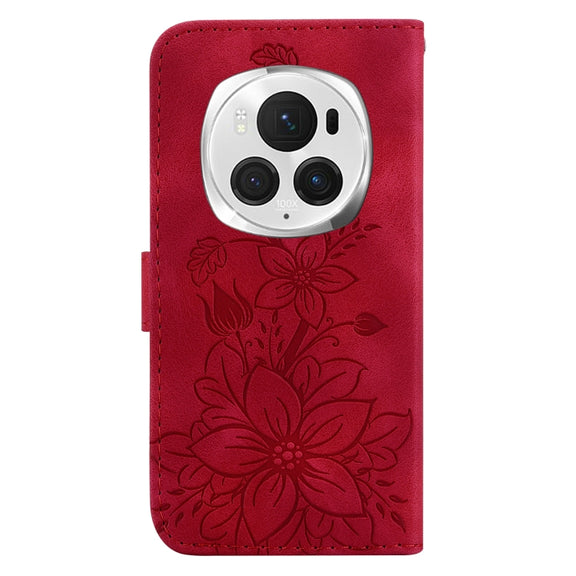 For Honor Magic6 Pro Lily Embossed Leather Phone Case(Red)