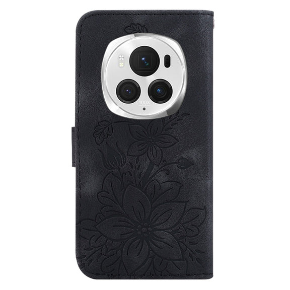 For Honor Magic6 Pro Lily Embossed Leather Phone Case(Black)
