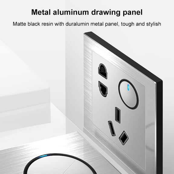 86mm Gray Aluminum Wire Drawing LED Switch Panel, Style:Five-hole USB Socket