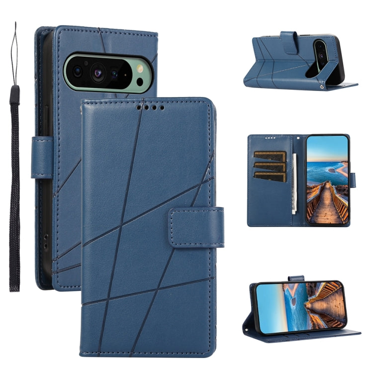 For Google Pixel 9 PU Genuine Leather Texture Embossed Line Phone Case(Blue)