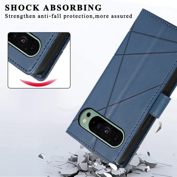 For Google Pixel 9 PU Genuine Leather Texture Embossed Line Phone Case(Blue)