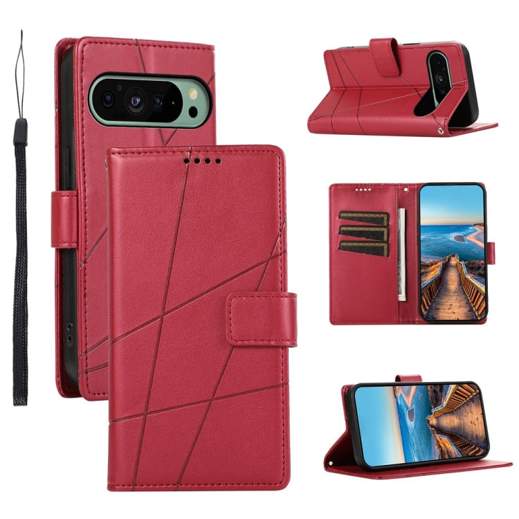For Google Pixel 9 PU Genuine Leather Texture Embossed Line Phone Case(Red)