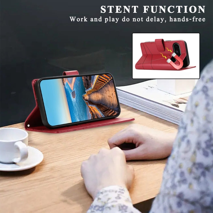 For Google Pixel 9 PU Genuine Leather Texture Embossed Line Phone Case(Red)