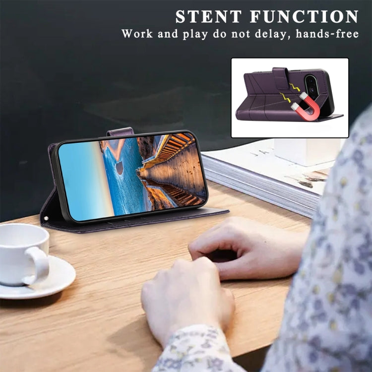 For Google Pixel 9 PU Genuine Leather Texture Embossed Line Phone Case(Purple)