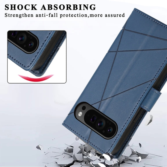 For Google Pixel 9 Pro PU Genuine Leather Texture Embossed Line Phone Case(Blue)