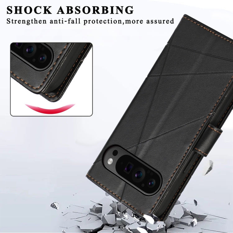 For Google Pixel 9 Pro PU Genuine Leather Texture Embossed Line Phone Case(Black)