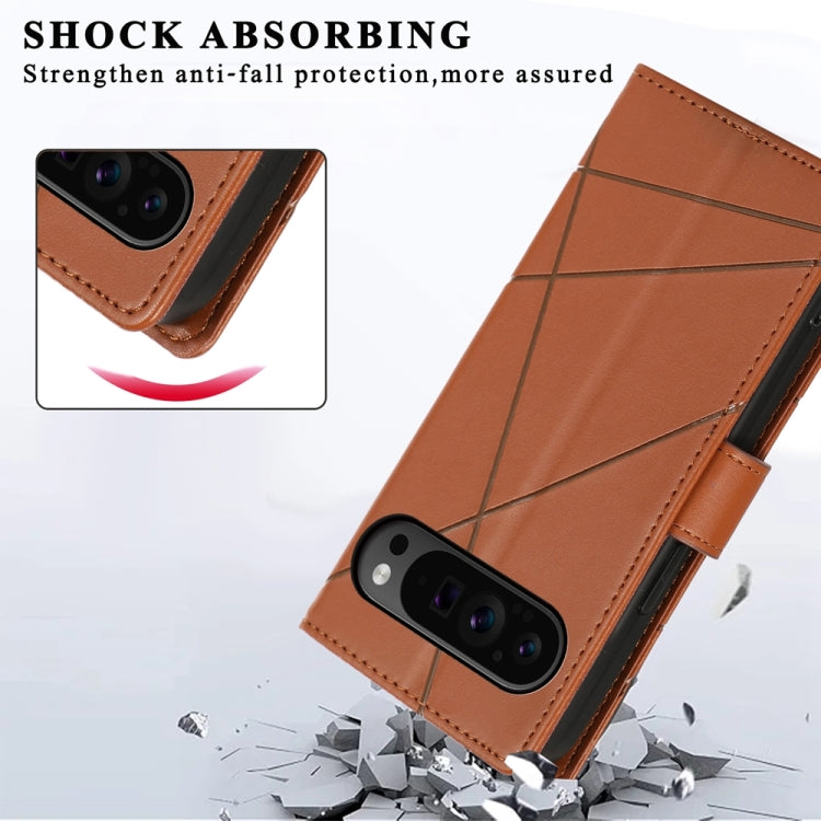For Google Pixel 9 Pro PU Genuine Leather Texture Embossed Line Phone Case(Brown)