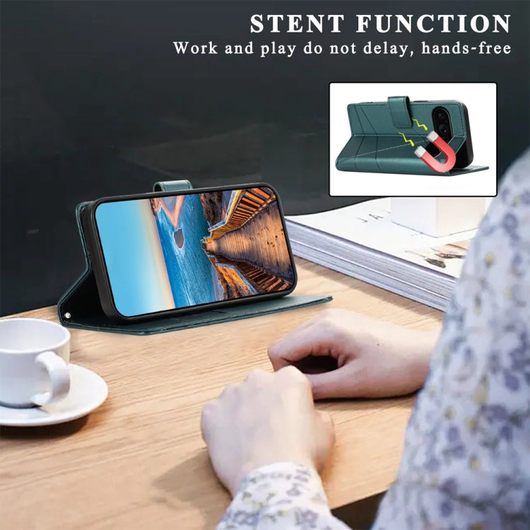 For Google Pixel 9 Pro PU Genuine Leather Texture Embossed Line Phone Case(Green)