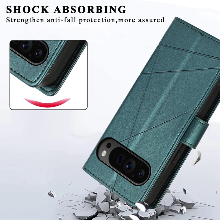 For Google Pixel 9 Pro PU Genuine Leather Texture Embossed Line Phone Case(Green)