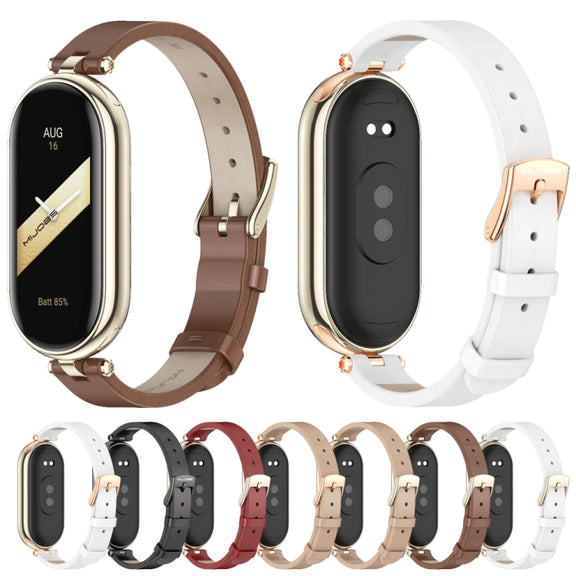 For Xiaomi Smart Band 10 / 9 / 8 Mijobs First Layer Cowhide Watch Band(White Rose Gold)