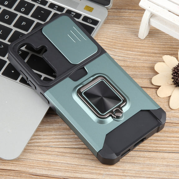 For Samsung Galaxy S24 5G Camera Shield Card Slot PC+TPU Phone Case(Dark Green)