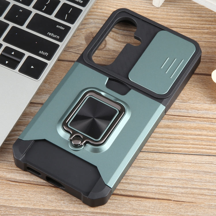 For Samsung Galaxy S24 5G Camera Shield Card Slot PC+TPU Phone Case(Dark Green)