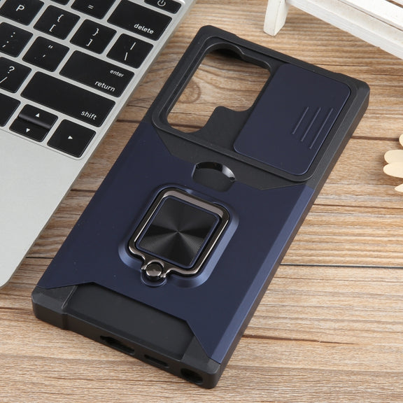 For Samsung Galaxy S24 Ultra 5G Camera Shield Card Slot PC+TPU Phone Case(Blue)