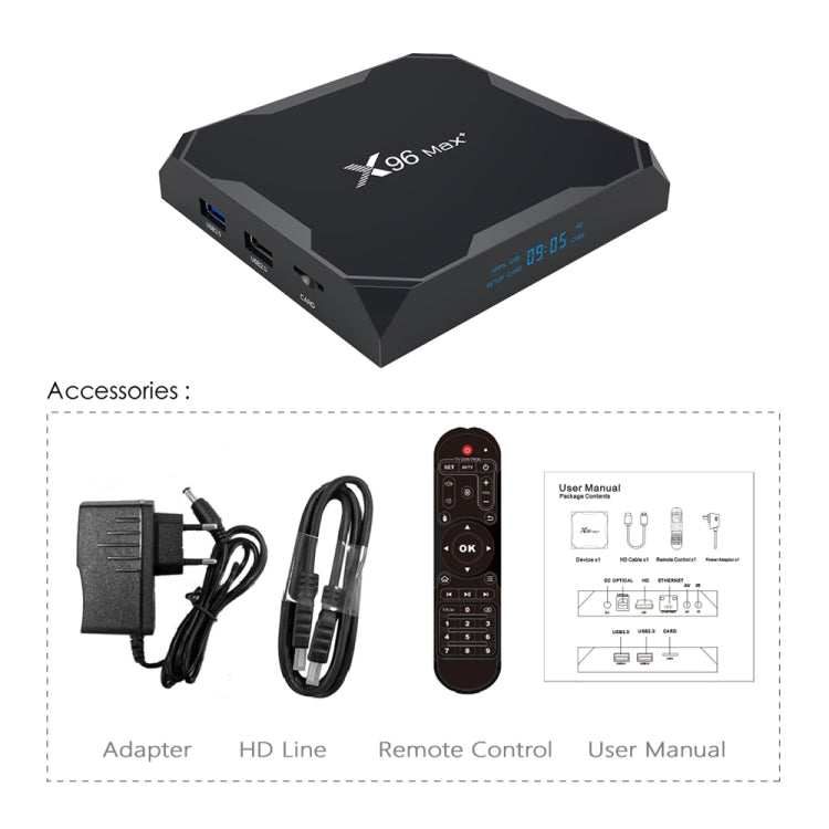 X96 max+ 4K Smart TV Box, Android 9.0, Amlogic S905X3 Quad-Core Cortex-A55,4GB+64GB, Support LAN, AV, 2.4G/5G WiFi, USBx2,TF Card, EU Plug
