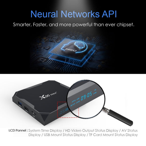 X96 max+ 4K Smart TV Box, Android 9.0, Amlogic S905X3 Quad-Core Cortex-A55,4GB+64GB, Support LAN, AV, 2.4G/5G WiFi, USBx2,TF Card, UK Plug