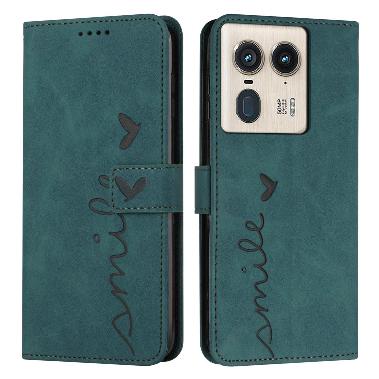 For Motorola Edge 50 Ultra Skin Feel Heart Embossed Leather Phone Case with Long Lanyard(Green)