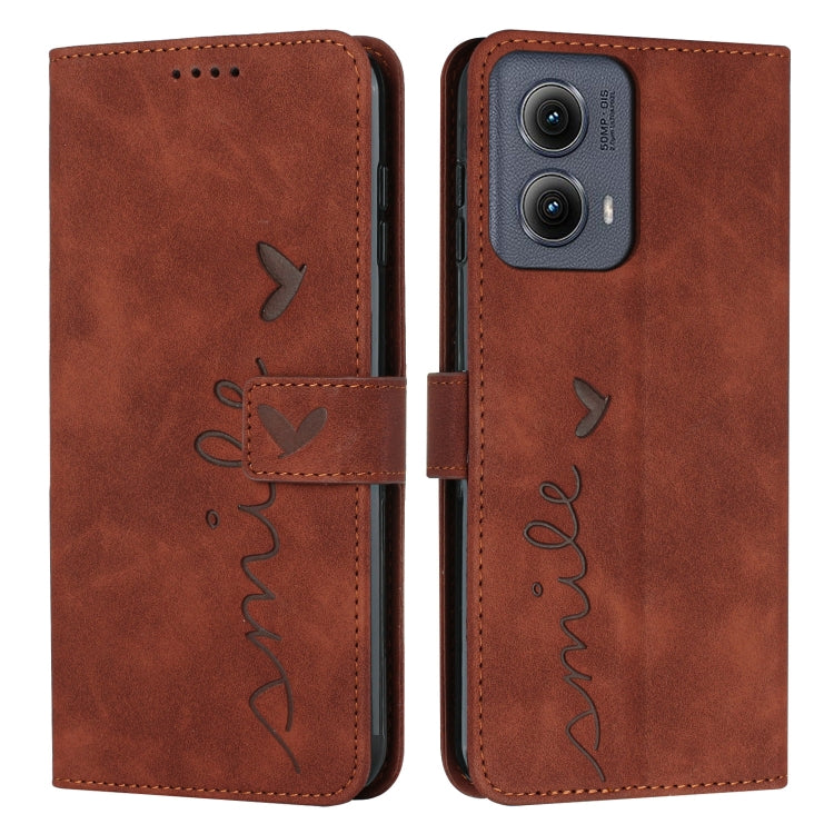 For Motorola Edge 5G 2024 Skin Feel Heart Embossed Leather Phone Case with Long Lanyard(Brown)