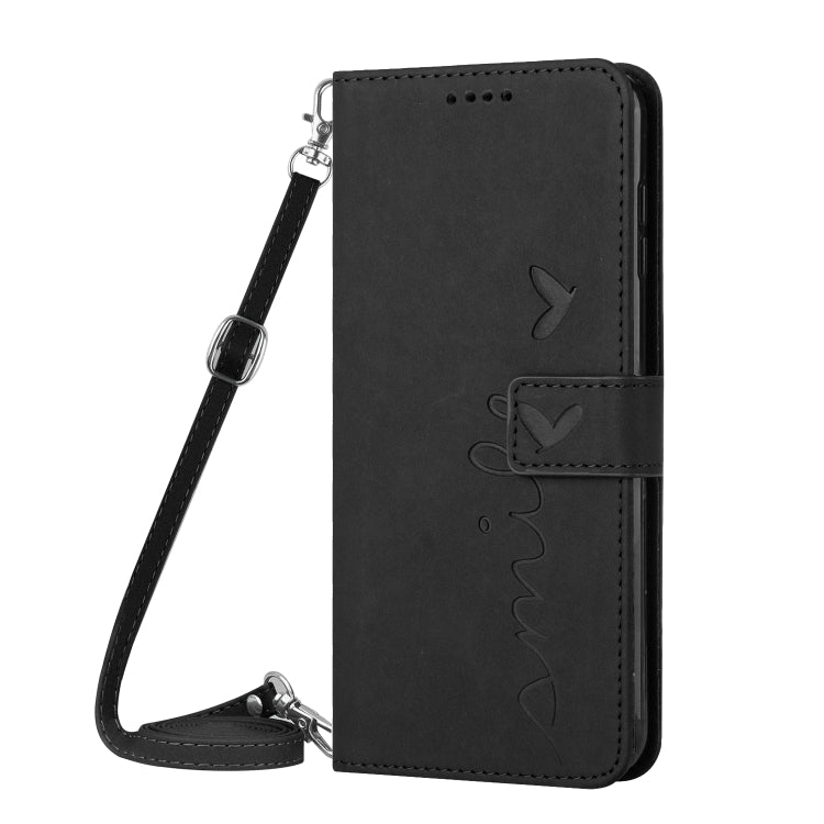 For OPPO A38 / Oppo A18 Skin Feel Heart Embossed Leather Phone Case with Long Lanyard(Black)
