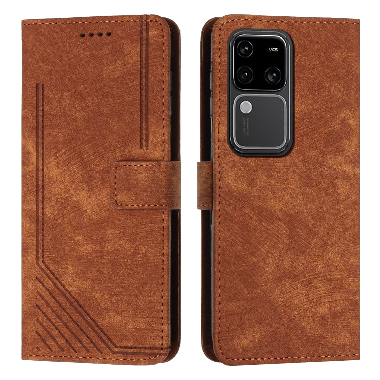 For vivo S18 / S18 Pro Skin Feel Stripe Pattern Leather Phone Case with Lanyard(Brown)