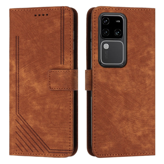 For vivo S18 / S18 Pro Skin Feel Stripe Pattern Leather Phone Case with Lanyard(Brown)