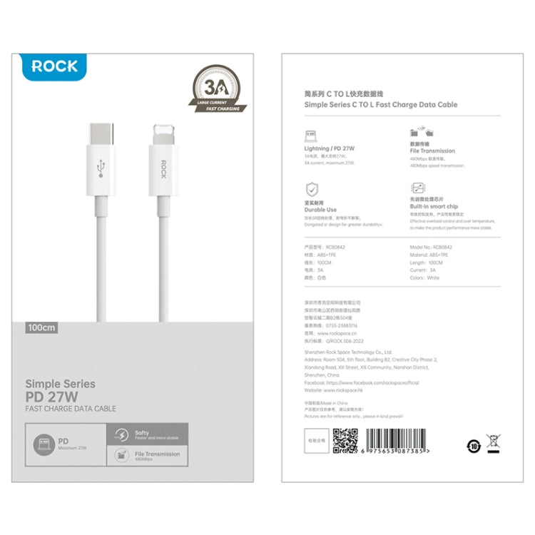 ROCK Simple Series 1m 27W USB-C / Type-C to 8 Pin Fast Charging Data Cable(White)
