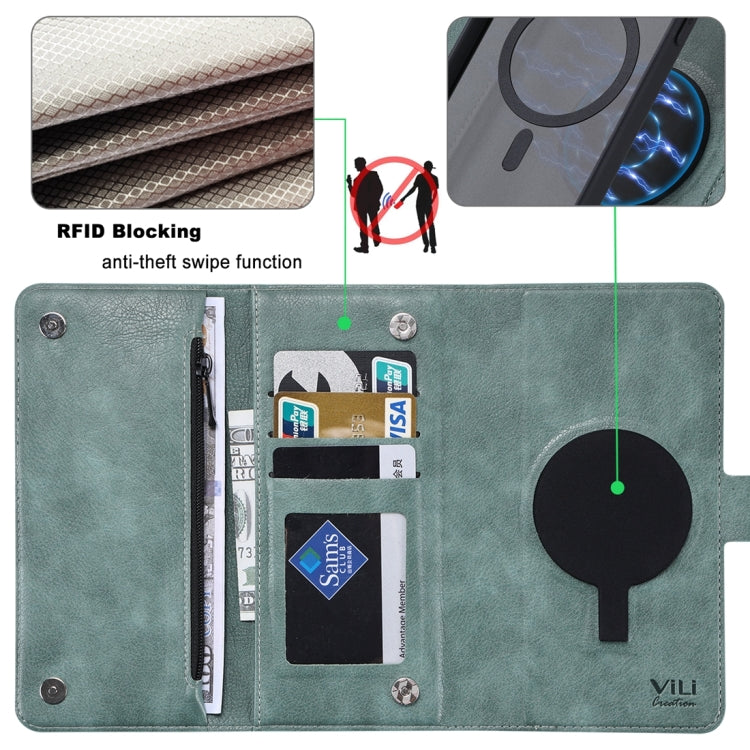 For iPhone 14 Plus ViLi GV Series MagSafe Magnetic Zipper Leather Phone Case(Green)