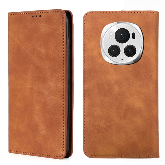 For Honor Magic6 Pro Skin Feel Magnetic Leather Phone Case(Light Brown)