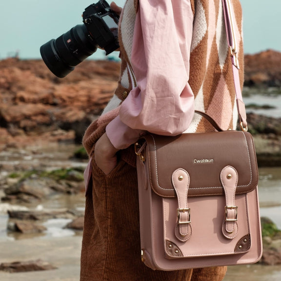 Cwatcun D81 Retro Camera Crossbody Bag Vintage PU Leather Water-resistant Camera Handbag(Brown Pink)
