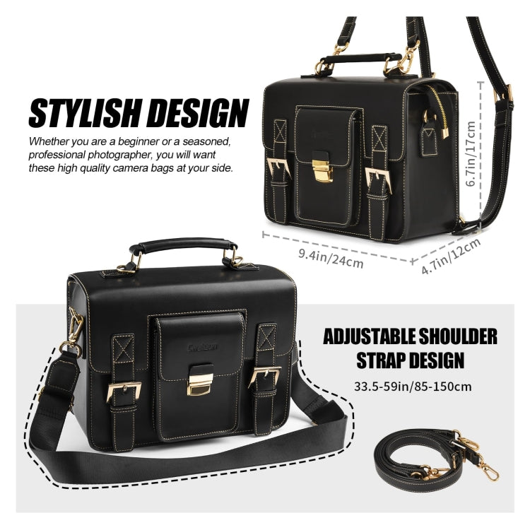 Cwatcun D83 Vintage Small Camera Case Leather Camera Messenger Bag, Size:30 x 21.5 x 12.5cm(Black)