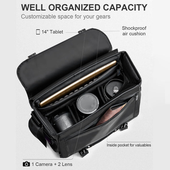 Cwatcun D85 Camera Bag Side Quick Access Camera Messenger Case Water-resistant Bag, Size:30 x 15 x 24cm Small(Black)