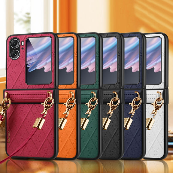 For OPPO Find N2 Flip SULADA Elegant Rhombic Texture Folding Phone Case with Lanyard(White)