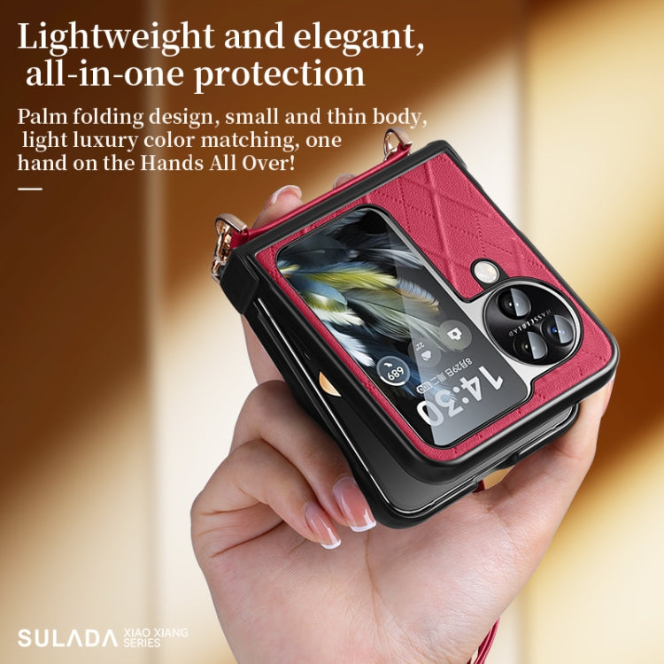 For OPPO Find N3 Flip SULADA Elegant Rhombic Texture Folding Phone Case with Lanyard(White)