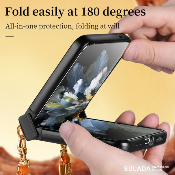 For OPPO Find N3 Flip SULADA Elegant Rhombic Texture Folding Phone Case with Lanyard(White)