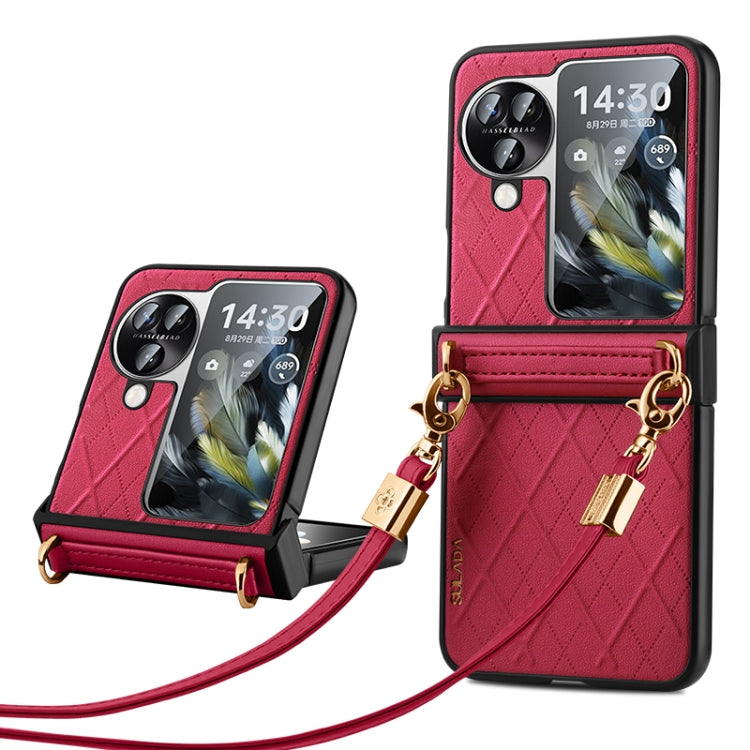 For OPPO Find N3 Flip SULADA Elegant Rhombic Texture Folding Phone Case with Lanyard(Red)
