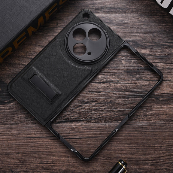 For OPPO Find N3 / OnePlus Open PC + Leather Texture Phone Case with Metal Holder(Black)