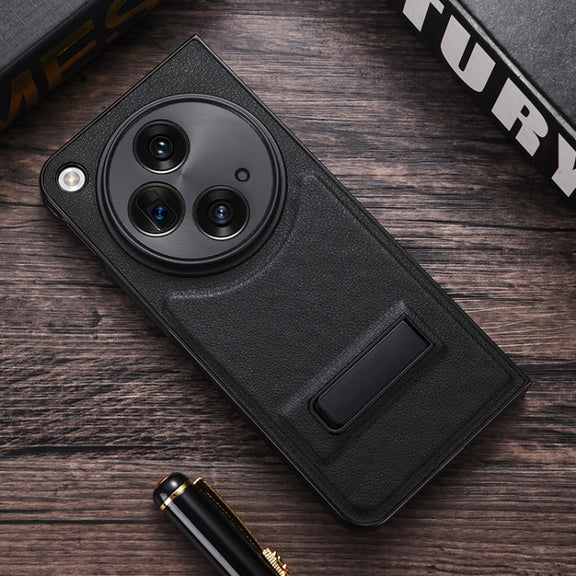For OPPO Find N3 / OnePlus Open PC + Leather Texture Phone Case with Metal Holder(Black)