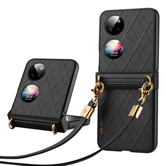 For Huawei P50 Pocket SULADA Elegant Rhombic Texture Folding Phone Case with Lanyard(Black)