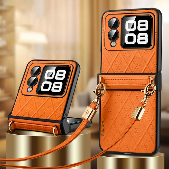 For Huawei nova Flip SULADA Elegant Rhombic Texture Folding Phone Case with Lanyard(Orange)