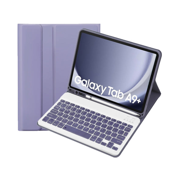 For Samsung Galaxy Tab A9+ X210/X215/X215 A09B Candy Color TPU Bluetooth Keyboard Leather Tablet Case with Pen Holder(Purple)