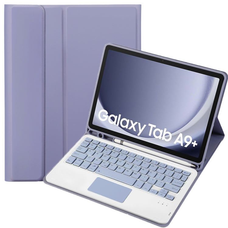 For Samsung Galaxy Tab A9+ X210/X215/X215 A09B-A Candy Color TPU Touch Bluetooth Keyboard Leather Tablet Case with Pen Holder(Purple)