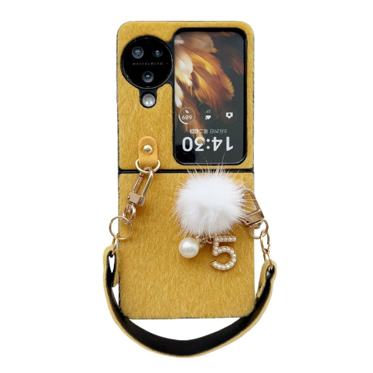 For OPPO Find N3 Flip Plush PC Phone Case with Lanyard(Yellow)