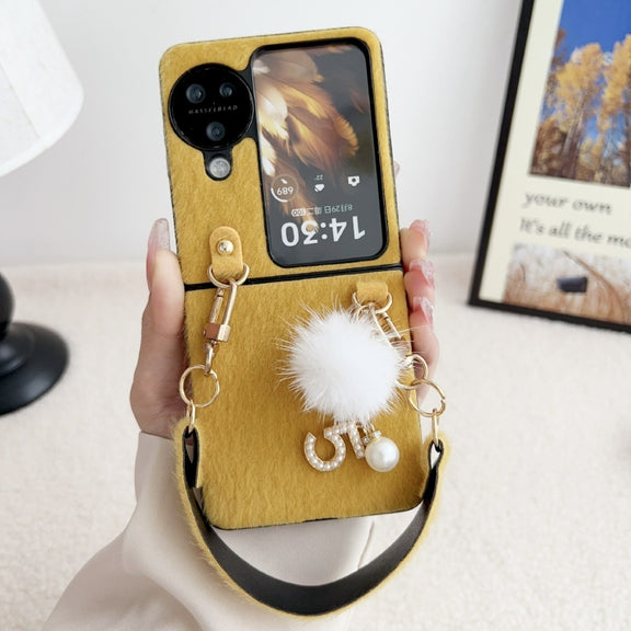 For OPPO Find N3 Flip Plush PC Phone Case with Lanyard(Yellow)