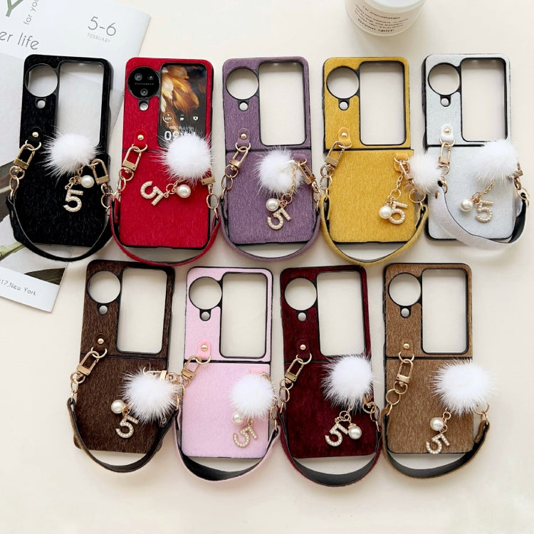 For OPPO Find N3 Flip Plush PC Phone Case with Lanyard(Yellow)