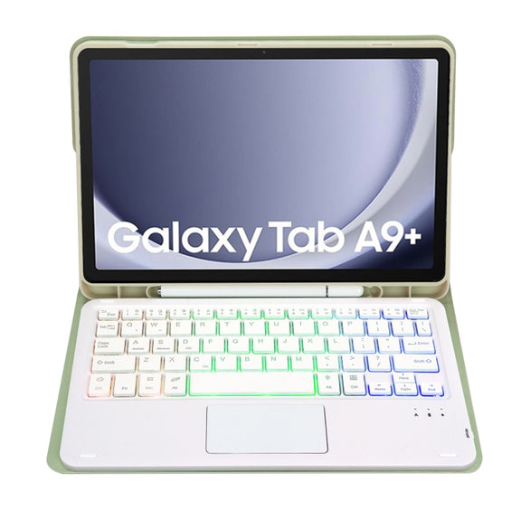 For Samsung Galaxy Tab A9+ X210/X215/X215 A09B-AS Candy Color Touch Backlight Bluetooth Keyboard Leather Tablet Case with Pen Holder(Light Green)