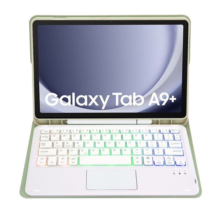 For Samsung Galaxy Tab A9+ X210/X215/X215 A09B-AS Candy Color Touch Backlight Bluetooth Keyboard Leather Tablet Case with Pen Holder(Light Green)