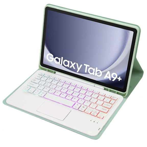 For Samsung Galaxy Tab A9+ X210/X215/X215 A09B-AS Candy Color Touch Backlight Bluetooth Keyboard Leather Tablet Case with Pen Holder(Light Green)