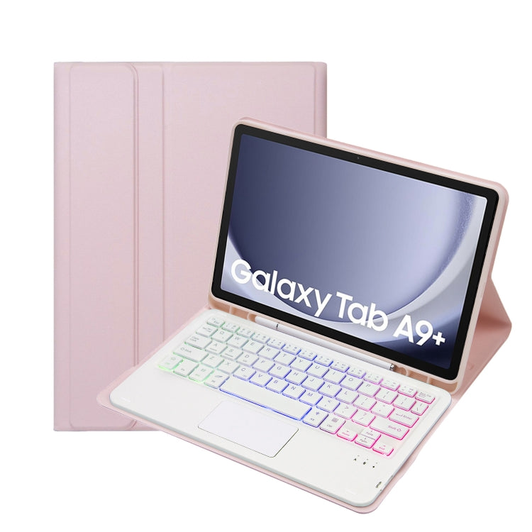 For Samsung Galaxy Tab A9+ X210/X215/X215 A09B-AS Candy Color Touch Backlight Bluetooth Keyboard Leather Tablet Case with Pen Holder(Pink)
