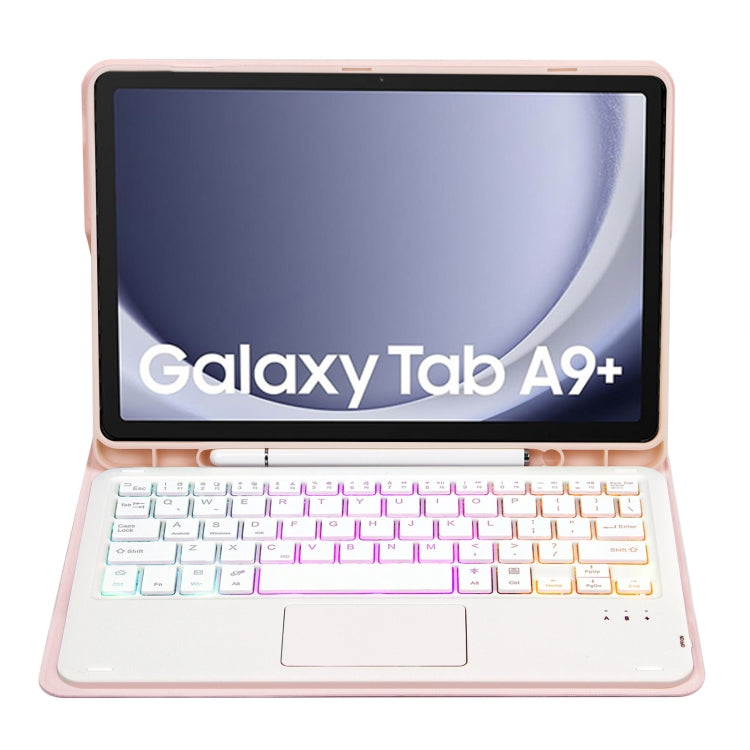 For Samsung Galaxy Tab A9+ X210/X215/X215 A09B-AS Candy Color Touch Backlight Bluetooth Keyboard Leather Tablet Case with Pen Holder(Pink)