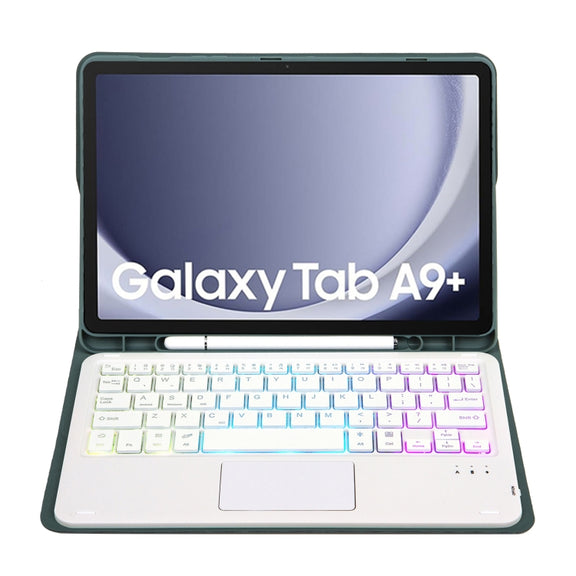 For Samsung Galaxy Tab A9+ X210/X215/X215 A09B-AS Candy Color Touch Backlight Bluetooth Keyboard Leather Tablet Case with Pen Holder(Dark Green)