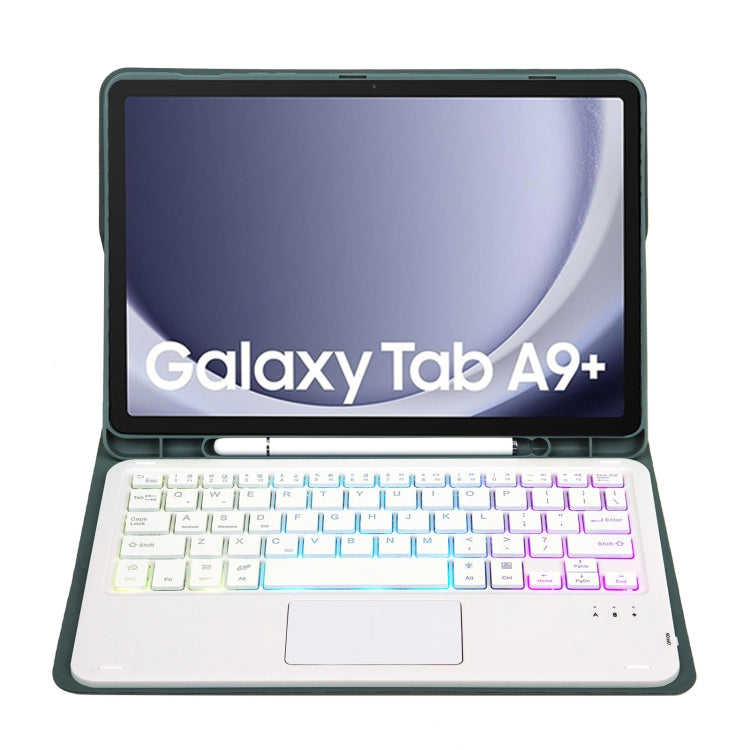 For Samsung Galaxy Tab A9+ X210/X215/X215 A09B-AS Candy Color Touch Backlight Bluetooth Keyboard Leather Tablet Case with Pen Holder(Dark Green)